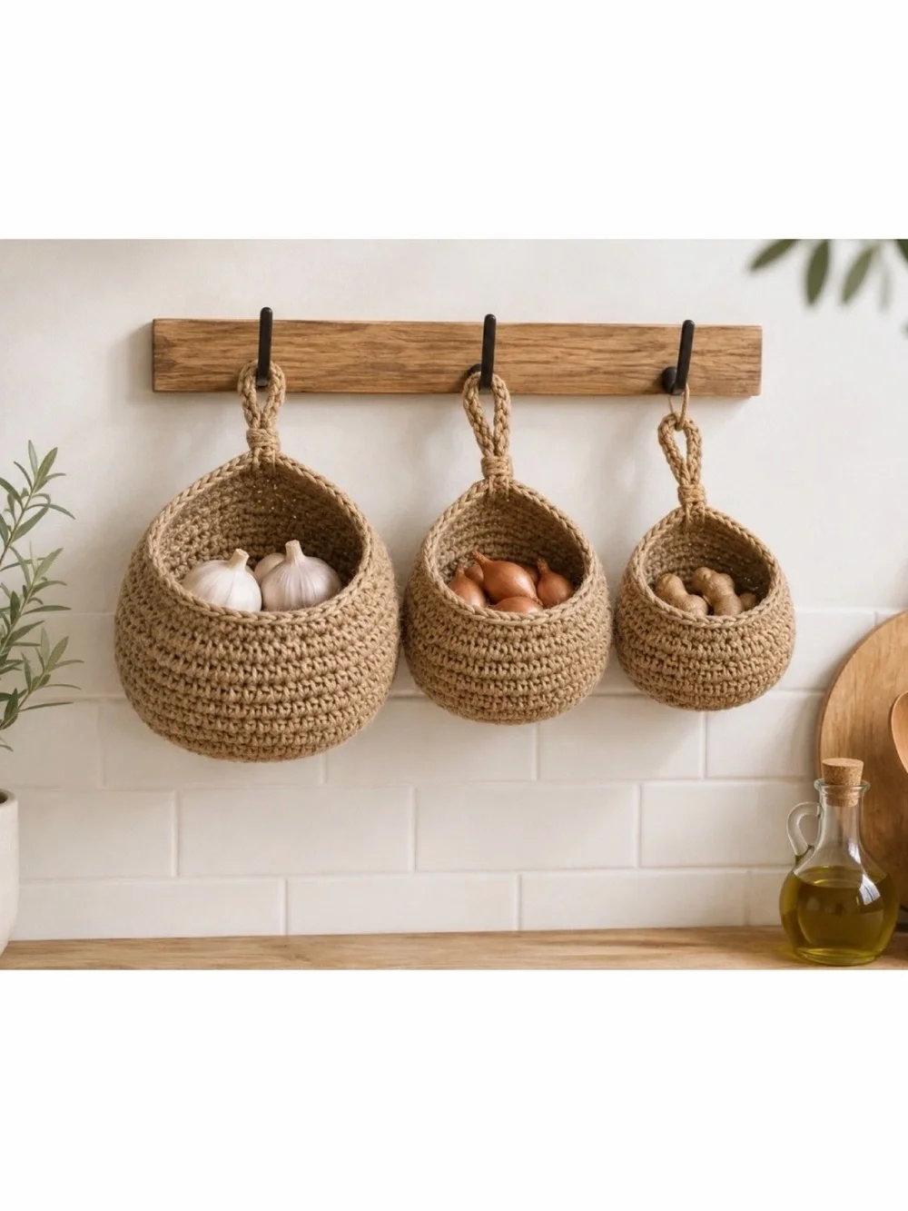 (NWT) HONEYDAK • (Set of 3) Tan Natural Woven/Crochet Hanging Storage Baskets